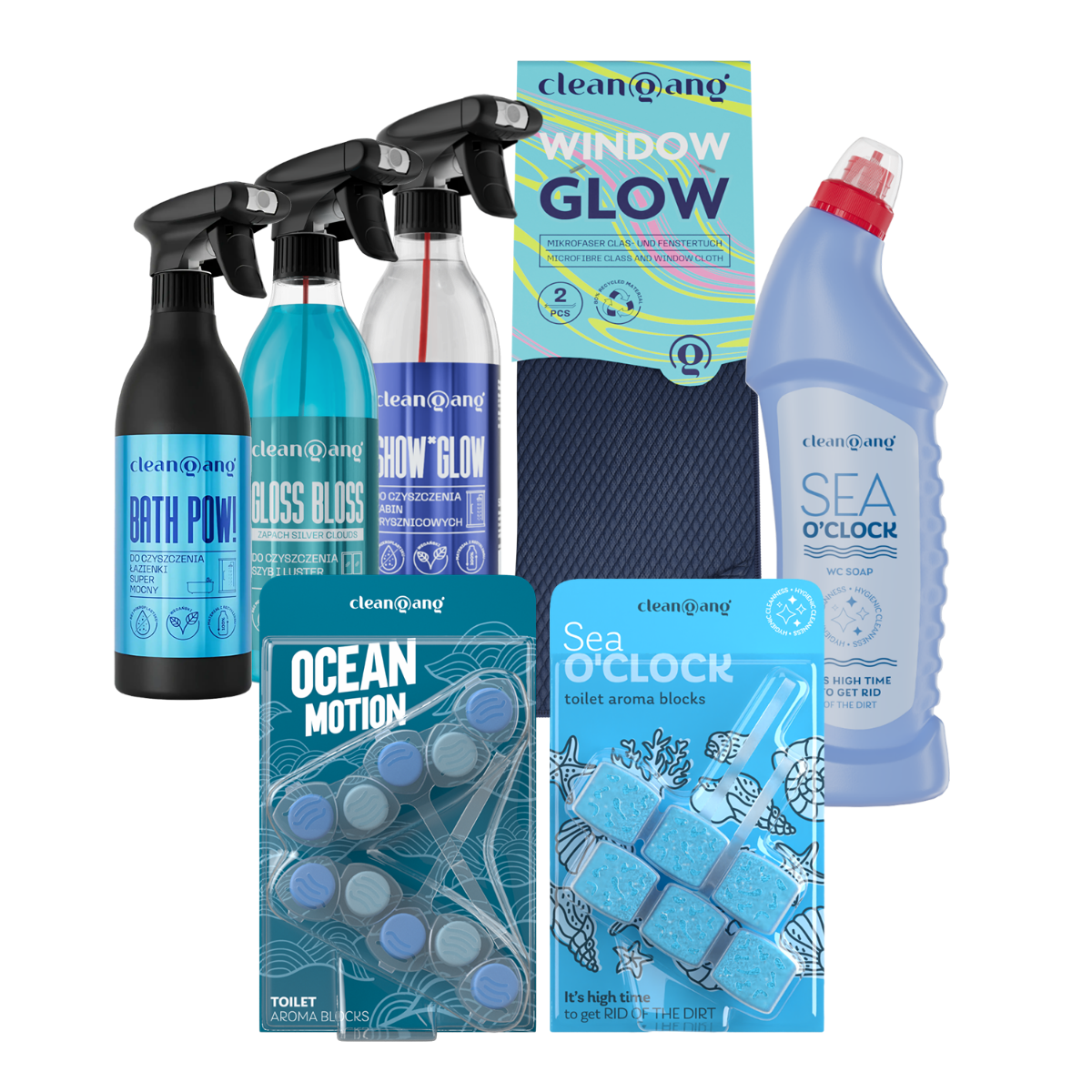niebieski zestaw do czyszczenia łazienki